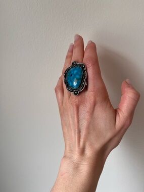 Vintage Large Turquoise Ring Native American Made Sterling Silver 7